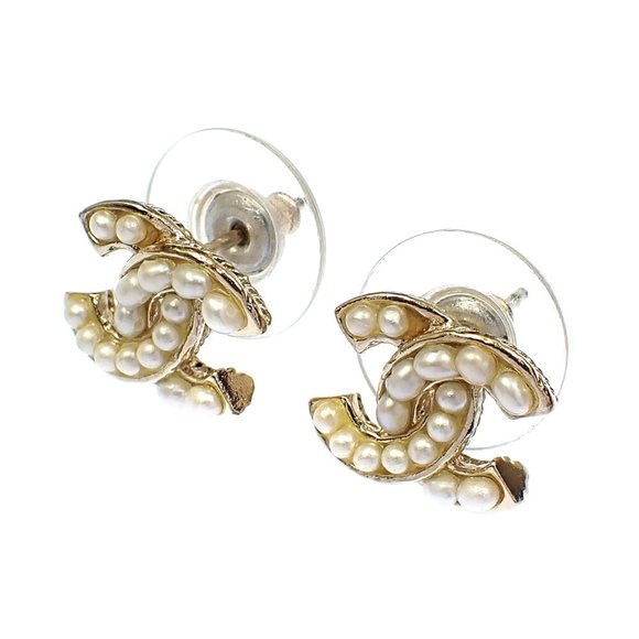 CHANEL Gold Pearl Logo Earrings - Picture 1 of 6